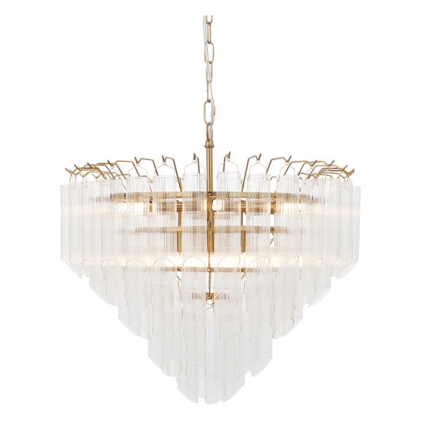 Żyrandol Endon 114198 Toulouse 12lt Pendant, Satin brass plate & clear ribbed glass