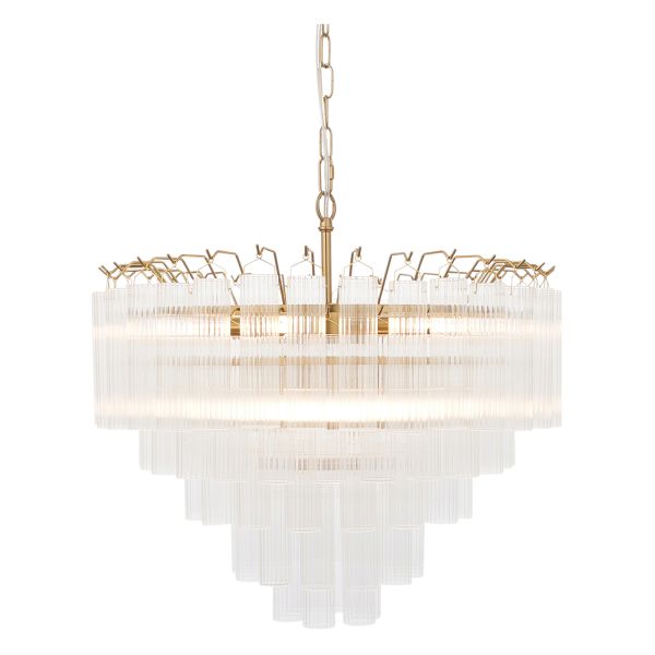 Żyrandol Endon 114199 Toulouse 12lt Pendant, Satin brass plate & clear ribbed glass