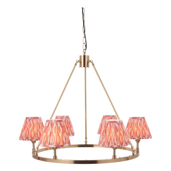 Żyrandol Endon 114510 Chester & Ikat 16cm 6lt Pendant, Brushed aged brass plate & coral pink fabric