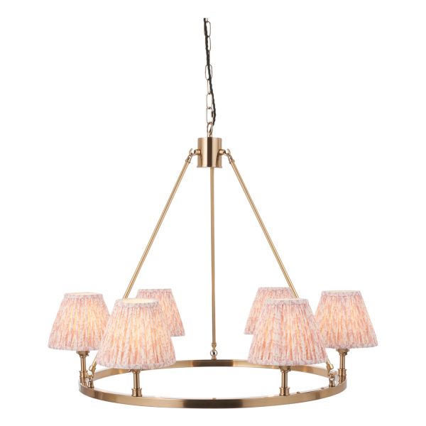 Żyrandol Endon 114514 Chester & Leaf 16cm 6lt Pendant, Brushed aged brass plate & peachy keen fabric