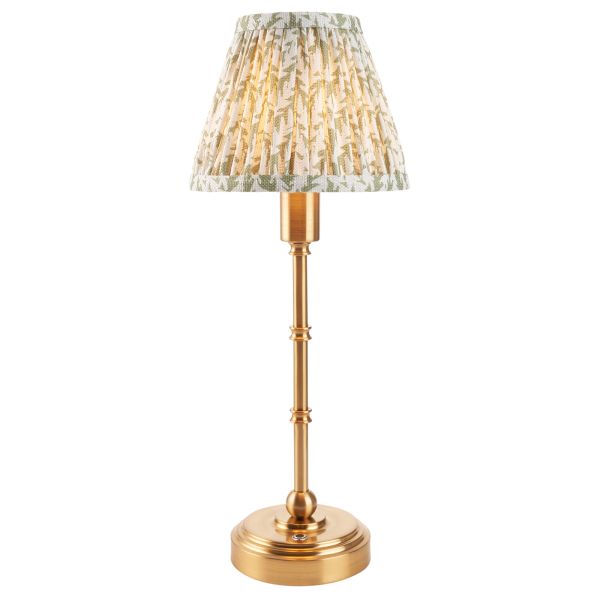 Lampa stołowa Endon 114800 Burley Rechargeable & Leaf 16cm Table, Brushed aged brass plate & herb garden green fabric