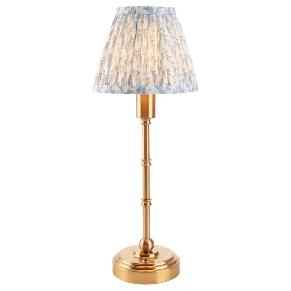 Lampa stołowa Endon 114801 Burley Rechargeable & Leaf 16cm Table, Brushed aged brass plate & shell bay blue fabric