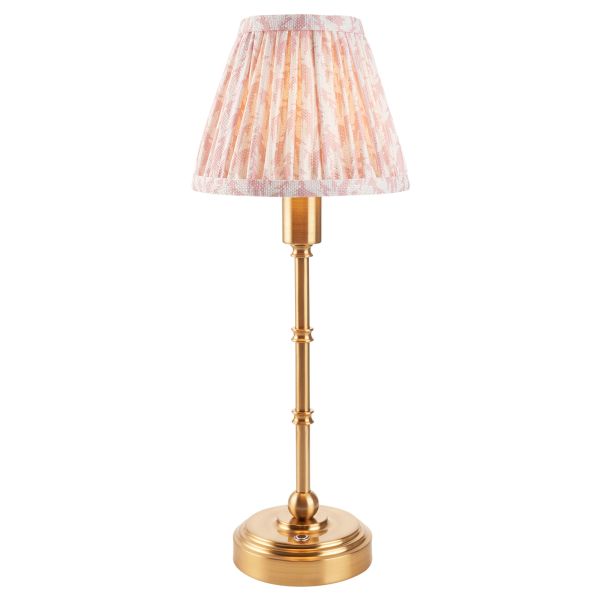 Lampa stołowa Endon 114802 Burley Rechargeable & Leaf 16cm Table, Brushed aged brass plate & peachy keen fabric
