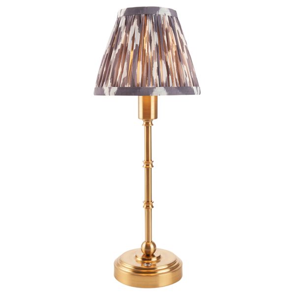 Lampa stołowa Endon 114807 Burley Rechargeable & Ikat 16cm Table, Brushed aged brass plate & pearl grey fabric