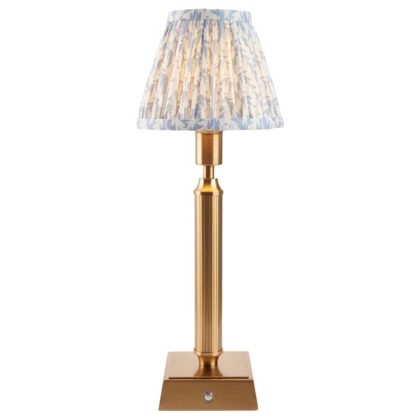 Lampa stołowa Endon 114860 Trobridge Rechargeable & Leaf 16cm Table, Brushed aged brass plate & shell bay blue fabric