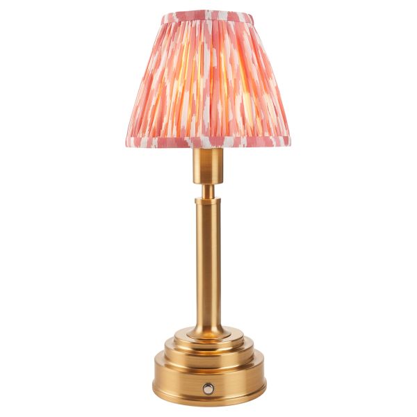Lampa stołowa Endon 114876 Upton Rechargeable & Ikat 16cm Table, Brushed aged brass plate & coral pink fabric