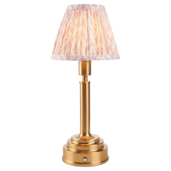 Lampa stołowa Endon 114880 Upton Rechargeable & Leaf 16cm Table, Brushed aged brass plate & peachy keen fabric