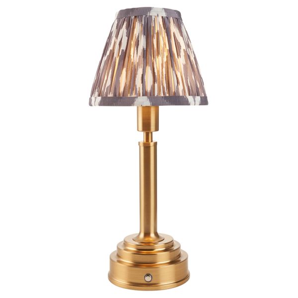 Lampa stołowa Endon 114885 Upton Rechargeable & Ikat 16cm Table, Brushed aged brass plate & pearl grey fabric
