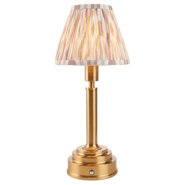 Lampa stołowa Endon 114890 Upton Rechargeable & Ikat 16cm Table, Brushed aged brass plate & neutral print fabric