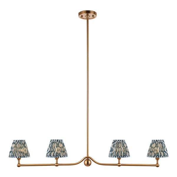 Lampa wisząca Endon 114987 Santiago & Ripple 16cm 4lt Linear Pendant, Brushed aged brass plate & marlin blue fabric