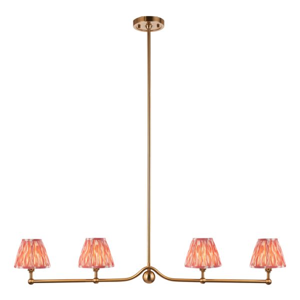 Підвісний світильник Endon 114989 Santiago & Ikat 16cm 4lt Linear Pendant, Brushed aged brass plate & coral pink fabric