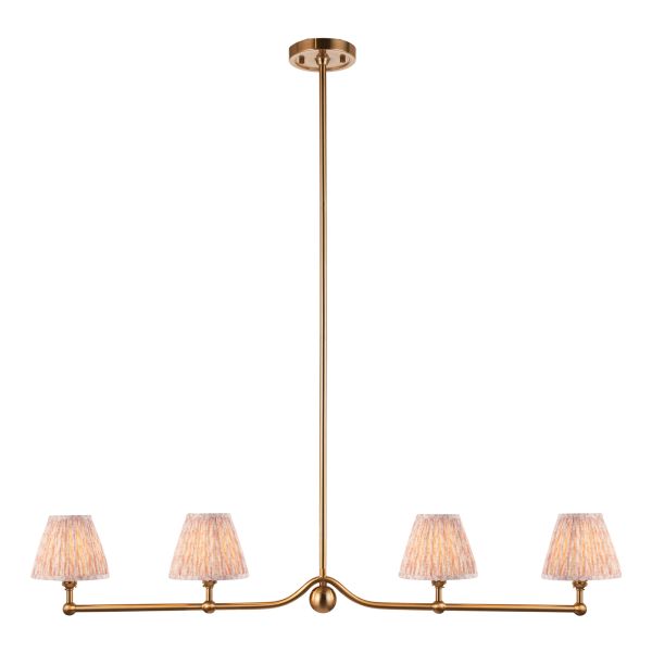 Lampa wisząca Endon 114993 Santiago & Leaf 16cm 4lt Linear Pendant, Brushed aged brass plate & peachy keen fabric