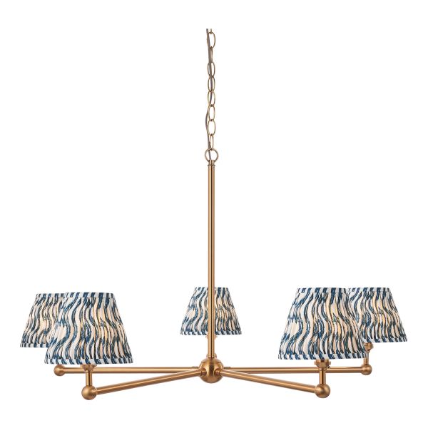 Люстра Endon 115006 Santiago & Ripple 16cm 5lt Pendant, Brushed aged brass plate & marlin blue fabric