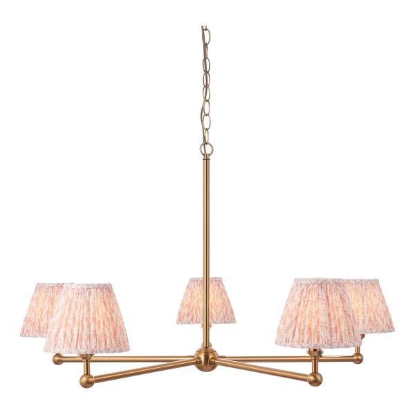 Żyrandol Endon 115012 Santiago & Leaf 16cm 5lt Pendant, Brushed aged brass plate & peachy keen fabric