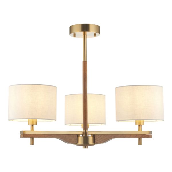 Люстра Endon 116993 Heathcliff 3lt Semi flush, Brushed aged brass plate, oak stained wood & natural faux linen