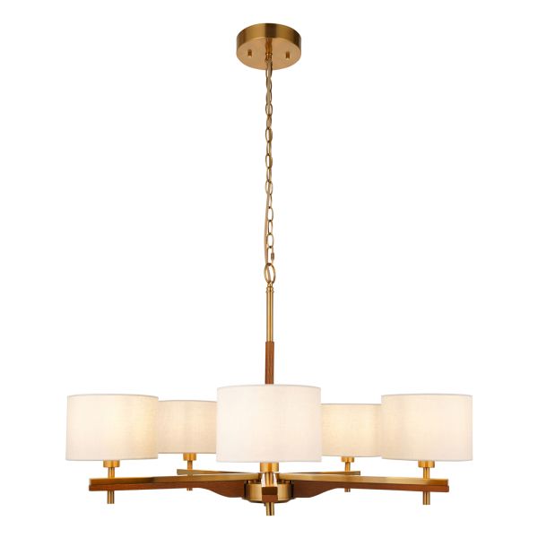 Люстра Endon 116994 Heathcliff 5lt Pendant, Brushed aged brass plate, oak stained wood & natural faux linen