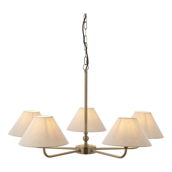 Żyrandol Endon 117833 Lille 5lt Pendant, Antique brass plate & natural faux linen