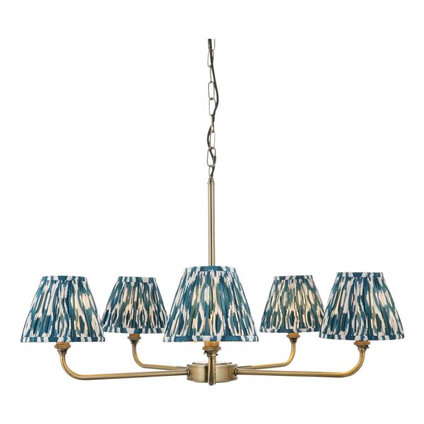 Żyrandol Endon 118054 Lille & Ikat 16cm 5lt Pendant, Antique brass plate & marlin blue fabric