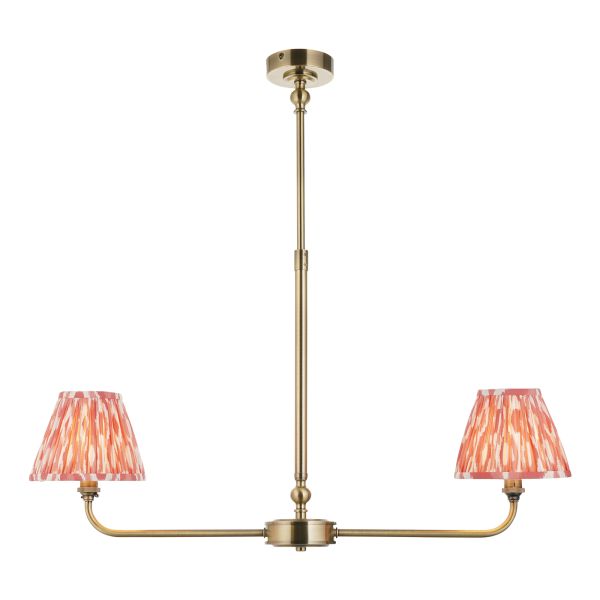 Lampa wisząca Endon 118077 Lille & Ikat 16cm 2lt Linear Pendant, Antique brass plate & coral pink fabric