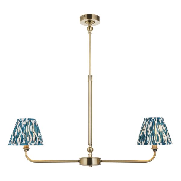 Lampa wisząca Endon 118086 Lille & Ikat 16cm 2lt Linear Pendant, Antique brass plate & marlin blue fabric