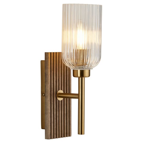 Kinkiet Endon 118365 Grove Wall, Dark beechwood & vintage brass with clear ribbed glass