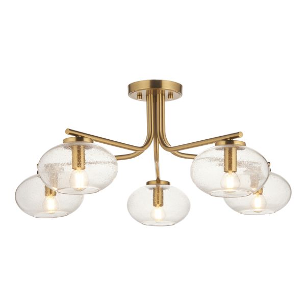 Żyrandol Endon 118508 Jacob 5lt Semi Flush, Warm brass plate & clear bubble glass