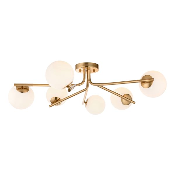 Люстра Endon 118651 Aaron 6lt Semi flush, Brushed aged brass plate & matt opal glass