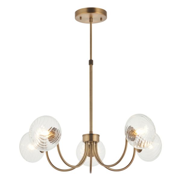 Люстра Endon 119210 Hague 5lt Pendant, Warm antique brass plate & clear spiral glass