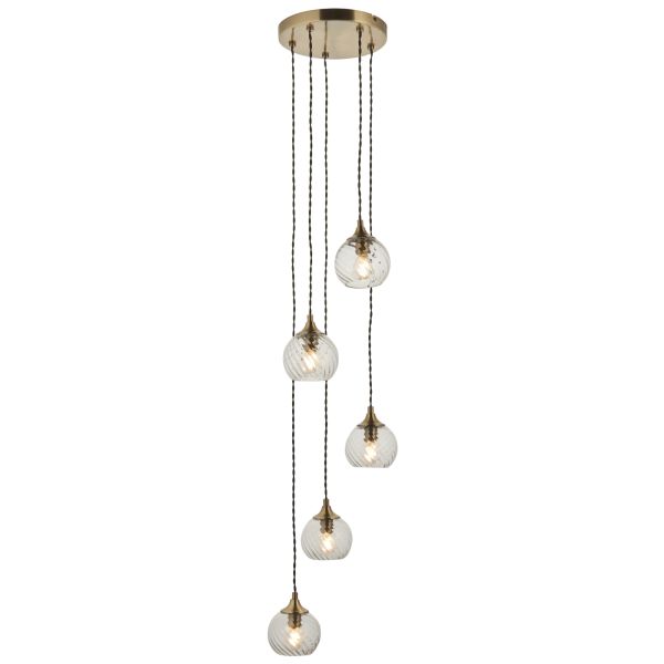 Lampa wisząca Endon 119435 Allegra 5lt Cascade Pendant, Antique brass plate & clear spiral glass