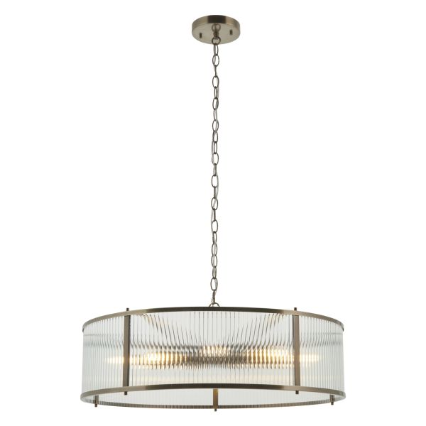 Żyrandol Endon 119455 Ridgeton 8lt Pendant, Antique brass plate & clear ribbed glass