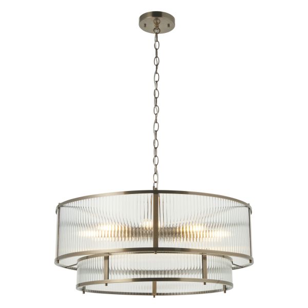 Żyrandol Endon 119456 Ridgeton 8lt Tiered Pendant, Antique brass plate & clear ribbed glass