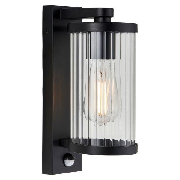 Kinkiet Endon 120537 Newcombe PIR Wall, Matt black & clear ribbed glass