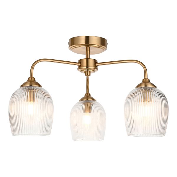 Люстра Endon 120617 Ashcroft Ribbed 3lt Semi Flush, Brushed aged brass plate & clear ribbed glass