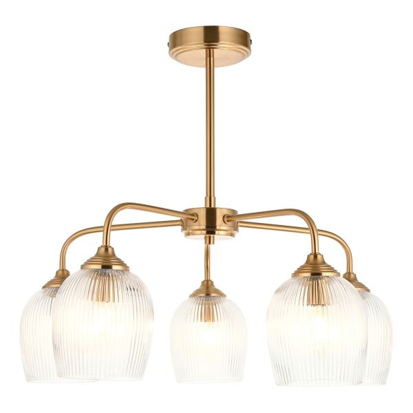 Люстра Endon 120619 Ashcroft Ribbed 5lt Pendant, Brushed aged brass plate & clear ribbed glass