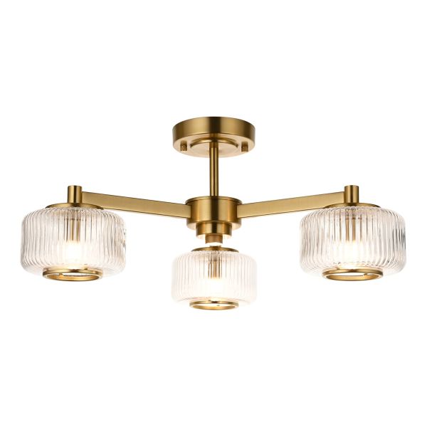 Люстра Endon 120634 Stamford 3lt Semi Flush, Brushed aged brass plate & clear ribbed glass