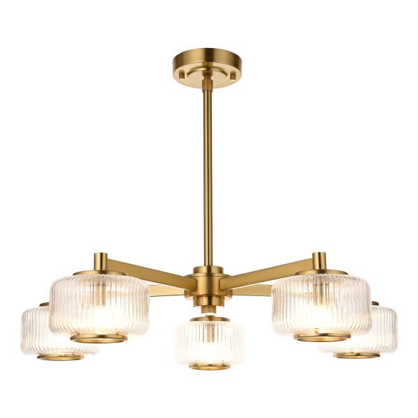 Люстра Endon 120635 Stamford 5lt Pendant, Brushed aged brass plate & clear ribbed glass