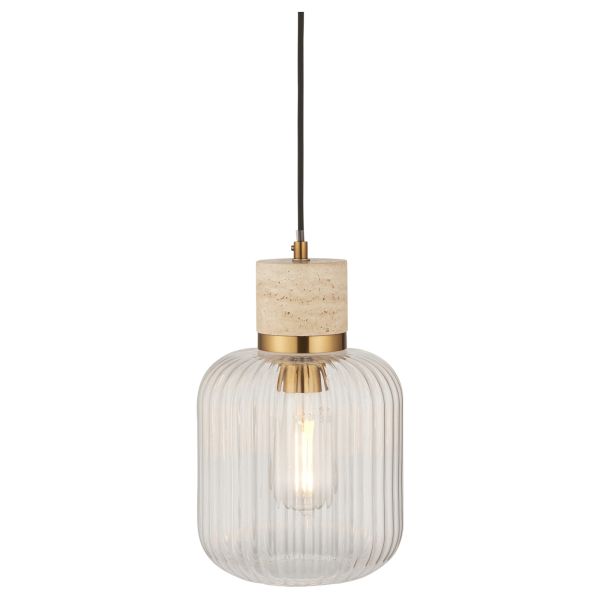Підвісний світильник Endon 120664 Travi Ribbed Pendant, Natural travertine, vintage brass & clear ribbed glass