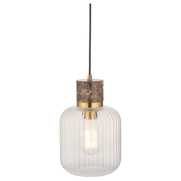 Підвісний світильник Endon 120665 Travi Ribbed Pendant, Dark brown Emperador marble, vintage brass & clear ribbed glass