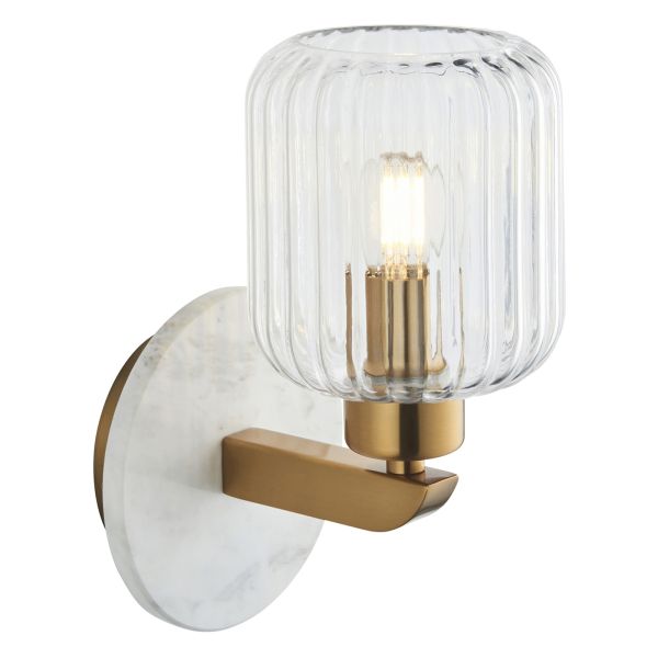 Бра Endon 120666 Travi Ribbed Wall, White volakas marble, vintage brass & clear ribbed glass