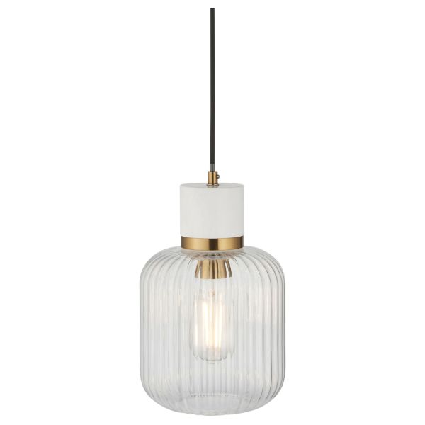 Підвісний світильник Endon 120667 Travi Ribbed Pendant, White volakas marble, vintage brass & clear ribbed glass