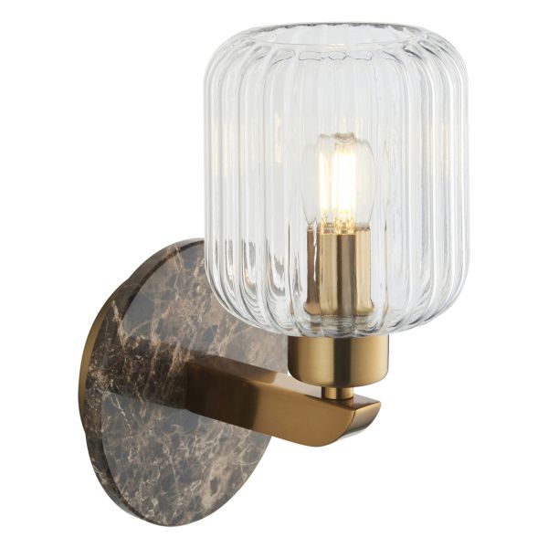 Бра Endon 120669 Travi Ribbed Wall, Dark brown Emperador marble, vintage brass & clear ribbed glass