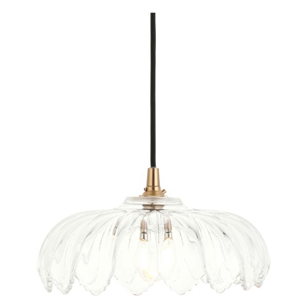 Підвісний світильник Endon 120752 Eltham & Camellia Pendant, Clear glass, brushed aged brass plate & black braided flex