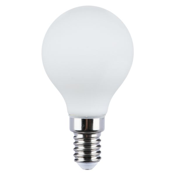 Żarówka ledowa  kompatybilna ze ściemniaczem Italux 5214-P45-3DM-MILKY moc 4.5W. Rozmiar — P45 z gwintem E14, temperatura barwowa — 4000K
