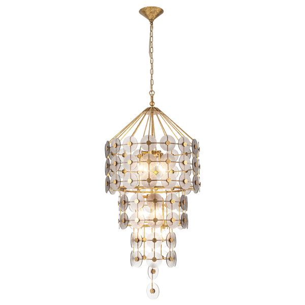 Żyrandol Quintiesse QN-MERIDIAN-9P-DG Meridian 9 lt Pendant Distressed Gold & Smoked Glass