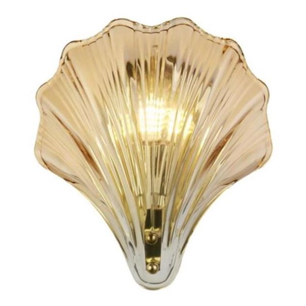 Бра Searchlight 28980SB Shell 1Lt Wall Light, Satin Brass Metal & Amber Glass IP44