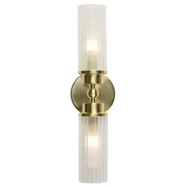Kinkiet Searchlight 29982SB Imperial 2Lt Wall Light, Satin Brass Metal & Clear Ribbed Gl