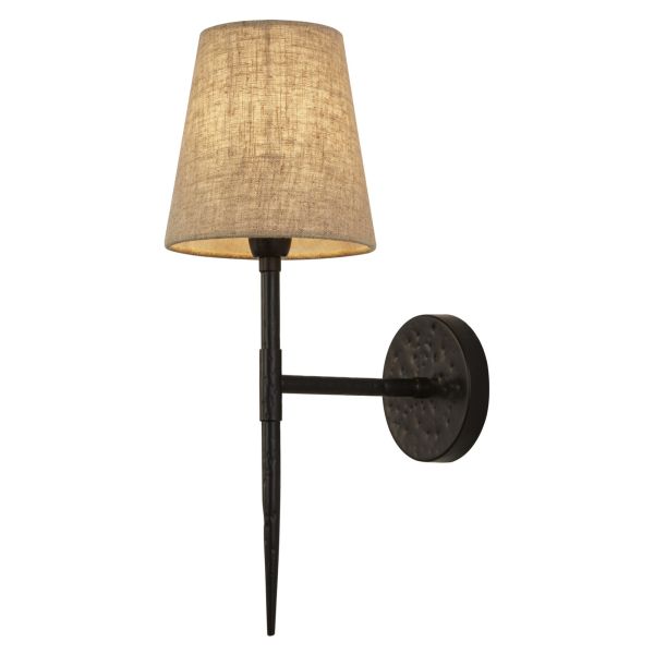 Kinkiet Searchlight 30690-1BK Gothic Wall Light - Hammered Black with Natural Linen Shade