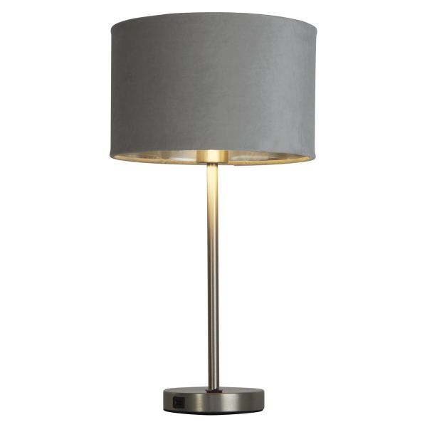 Lampa stołowa Searchlight EU58911GY Finn Table Lamp - Satin Nickel, Light Grey Velvet Shade