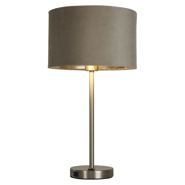 Настільна лампа Searchlight EU58911TA Finn Table Lamp - Satin Nickel, Taupe Velvet Shade