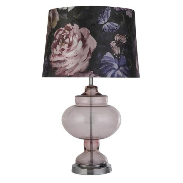 Lampa stołowa Searchlight EU60875 Sanderson Table Lamp - Floral Print With Mauve Glass